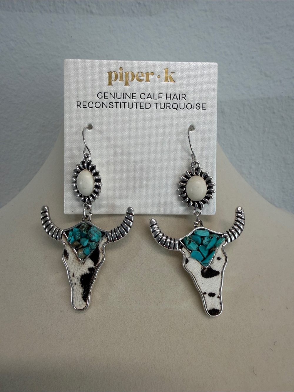 Piper K | Genuine Calf Hair Longhorn Skull Earrings | Reconstituted Turquoise